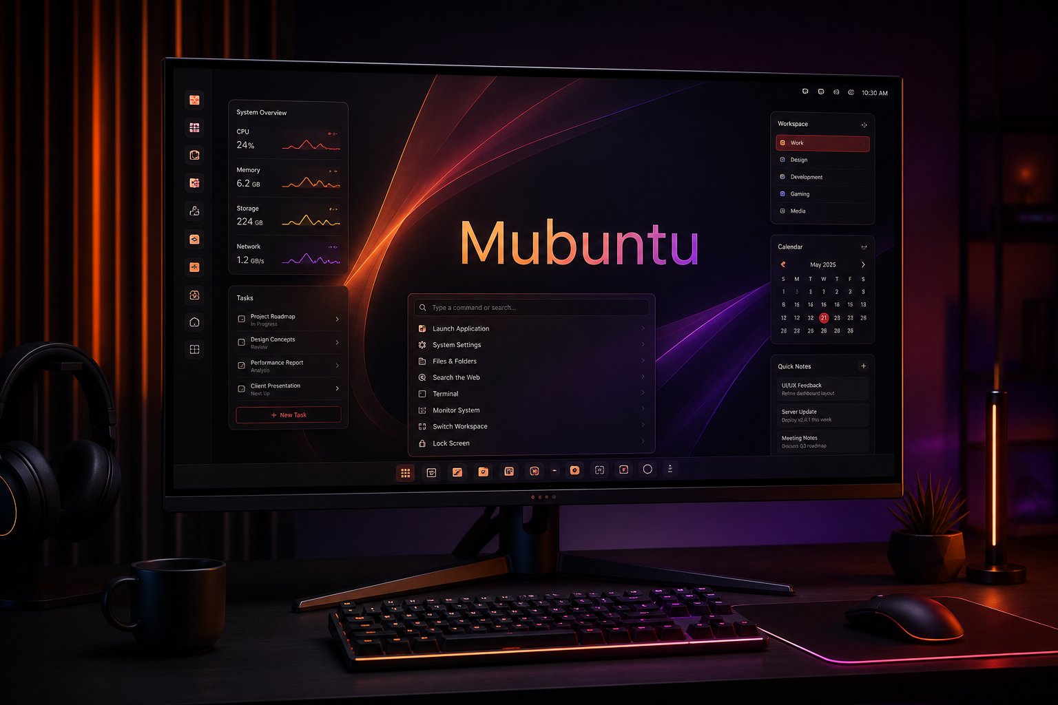 Mubuntu operating system displayed on a premium workstation